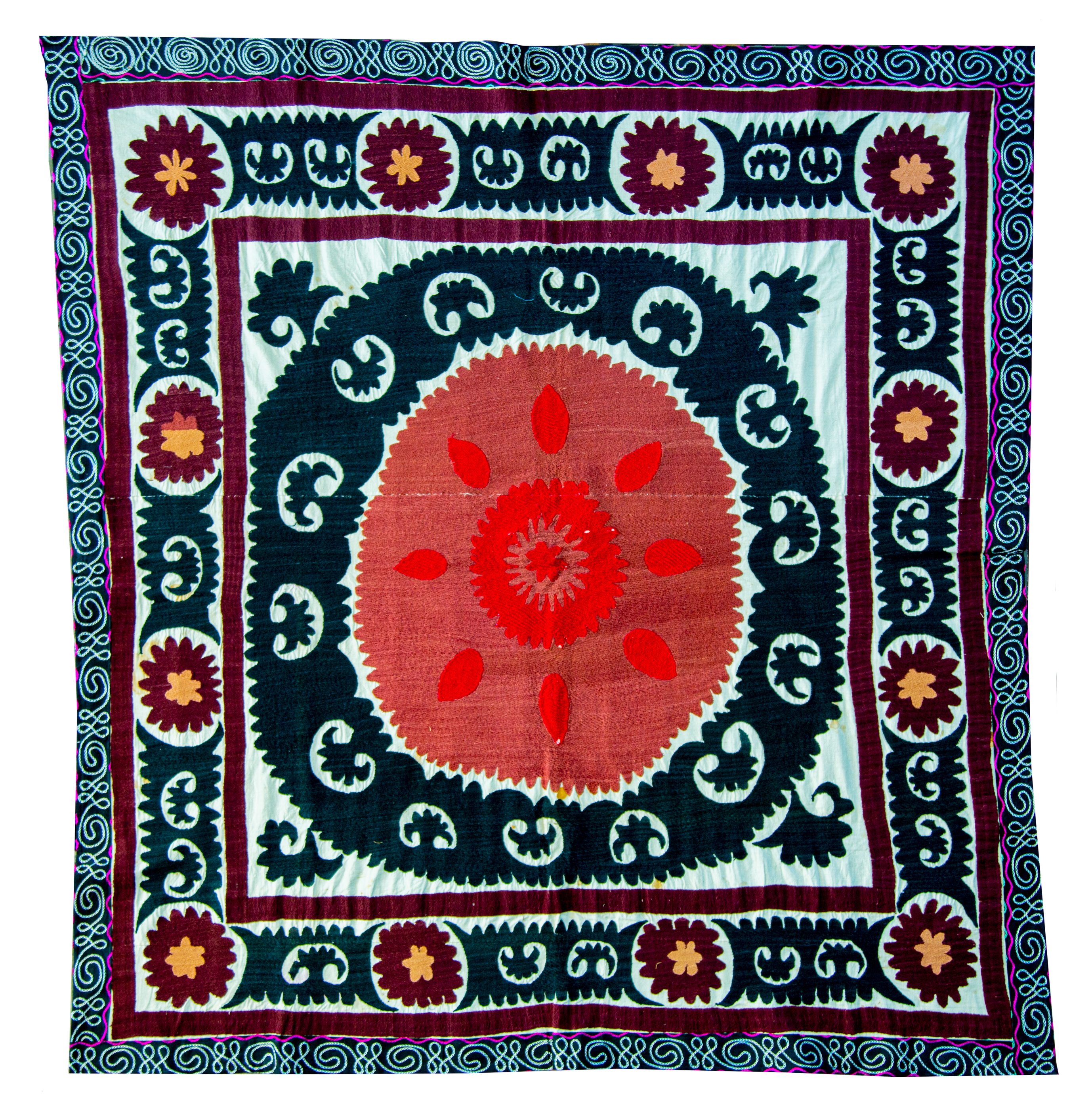 Coral medallion on navy — palak, Panjakent