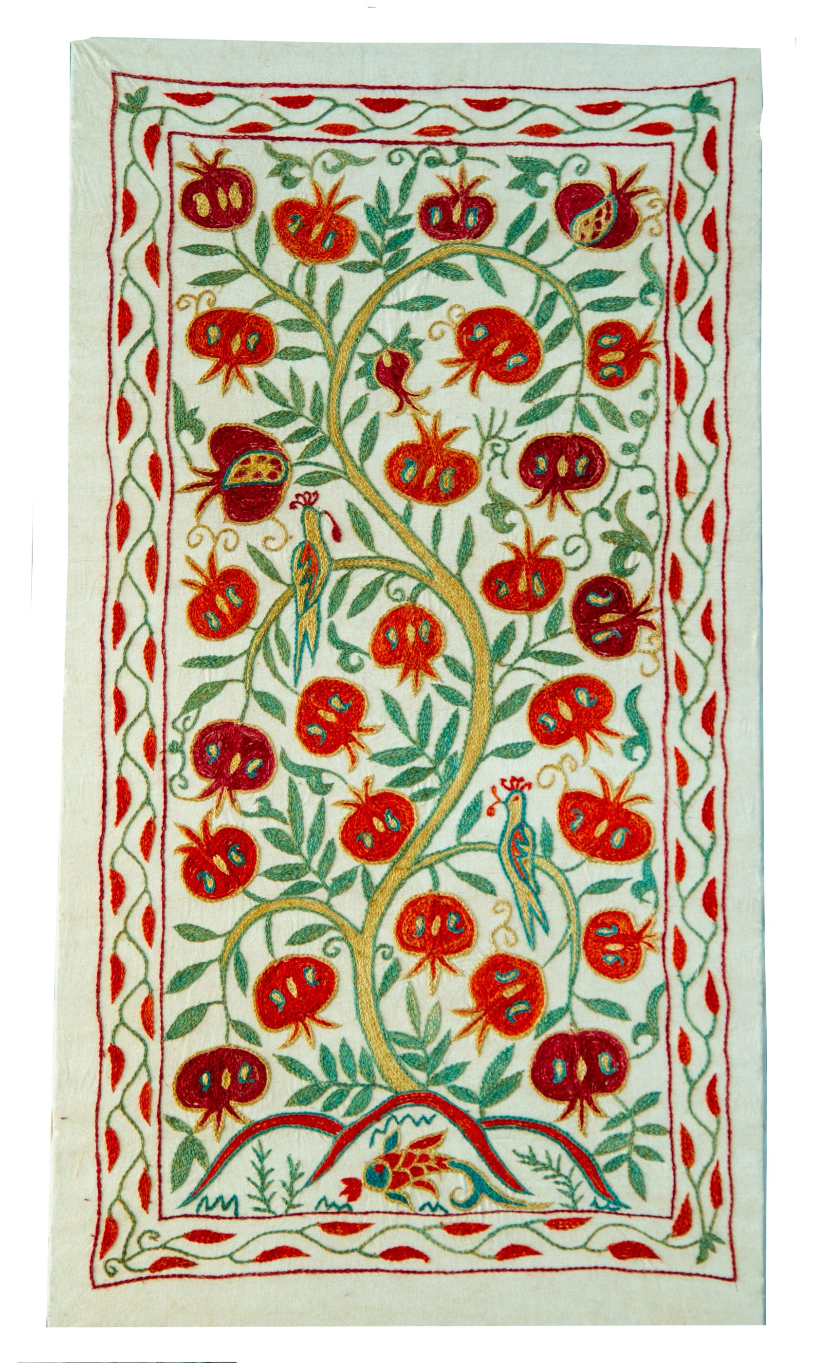 Pomegranate tree with birds, detail of silk floss embroidery on cotton